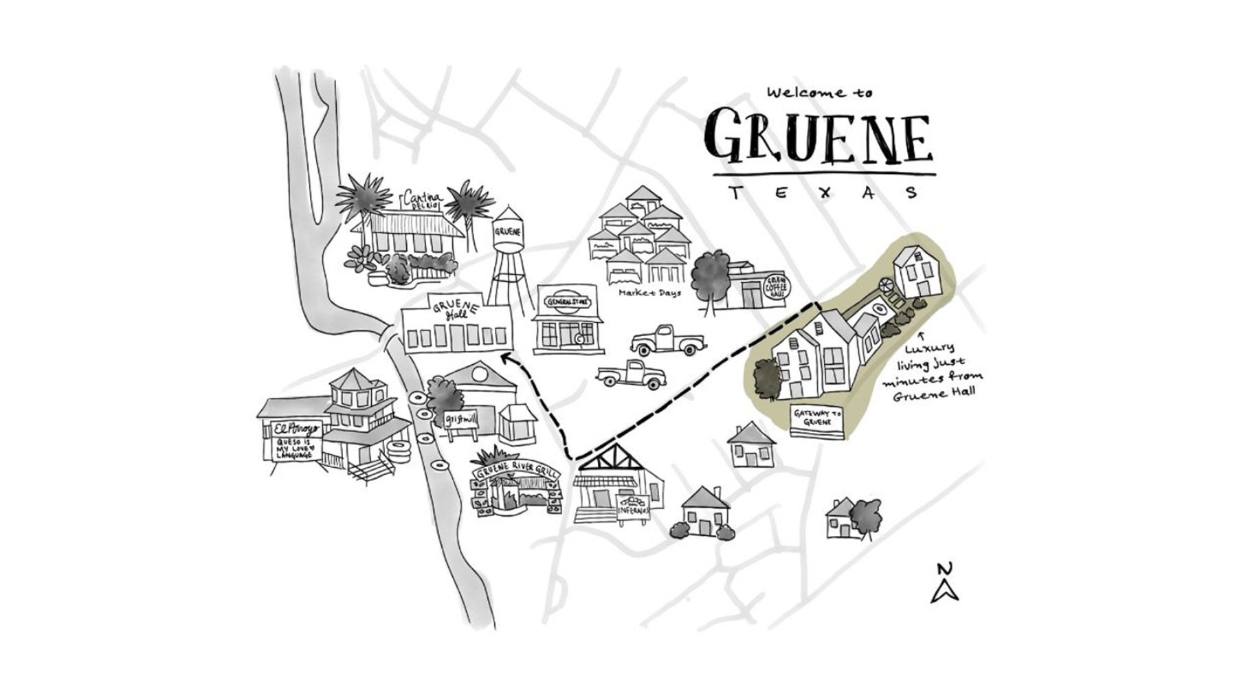 Settle into comfort at Gateway to Gruene hand drawn map of Gruene